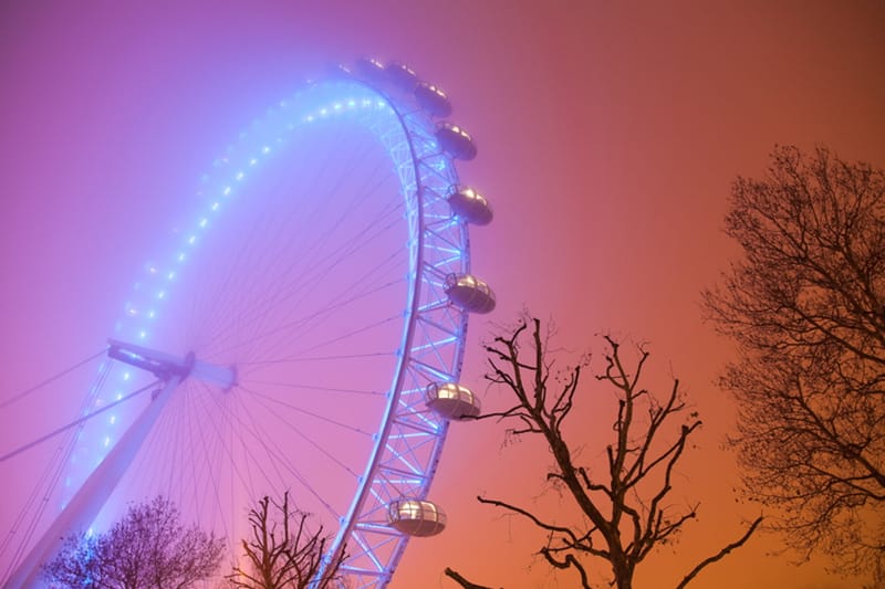 The London Eye glowing blue through fog, bare trees beside it, the night sky stained orange