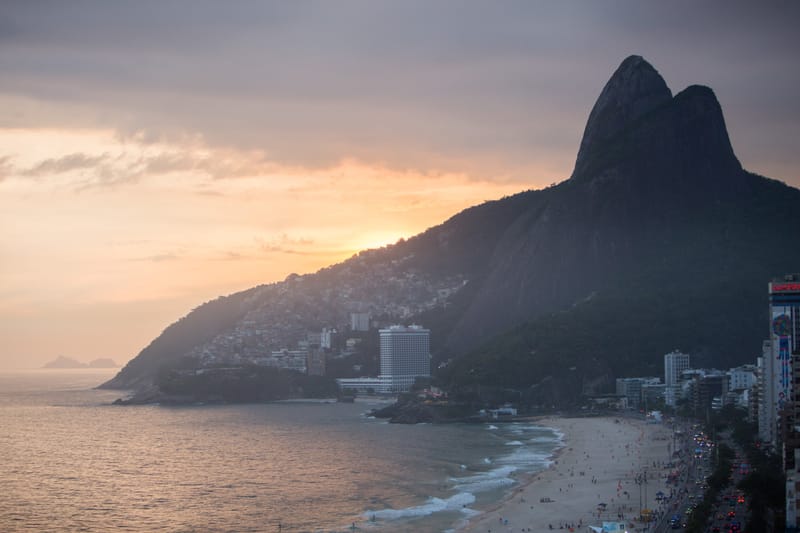 Sunset over Ipanema beach and the Two Brothers mountain, Rio de Janeiro