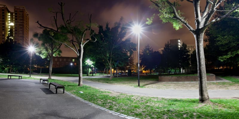 A park path curving past benches and lamplit trees, tower blocks under an orange night sky
